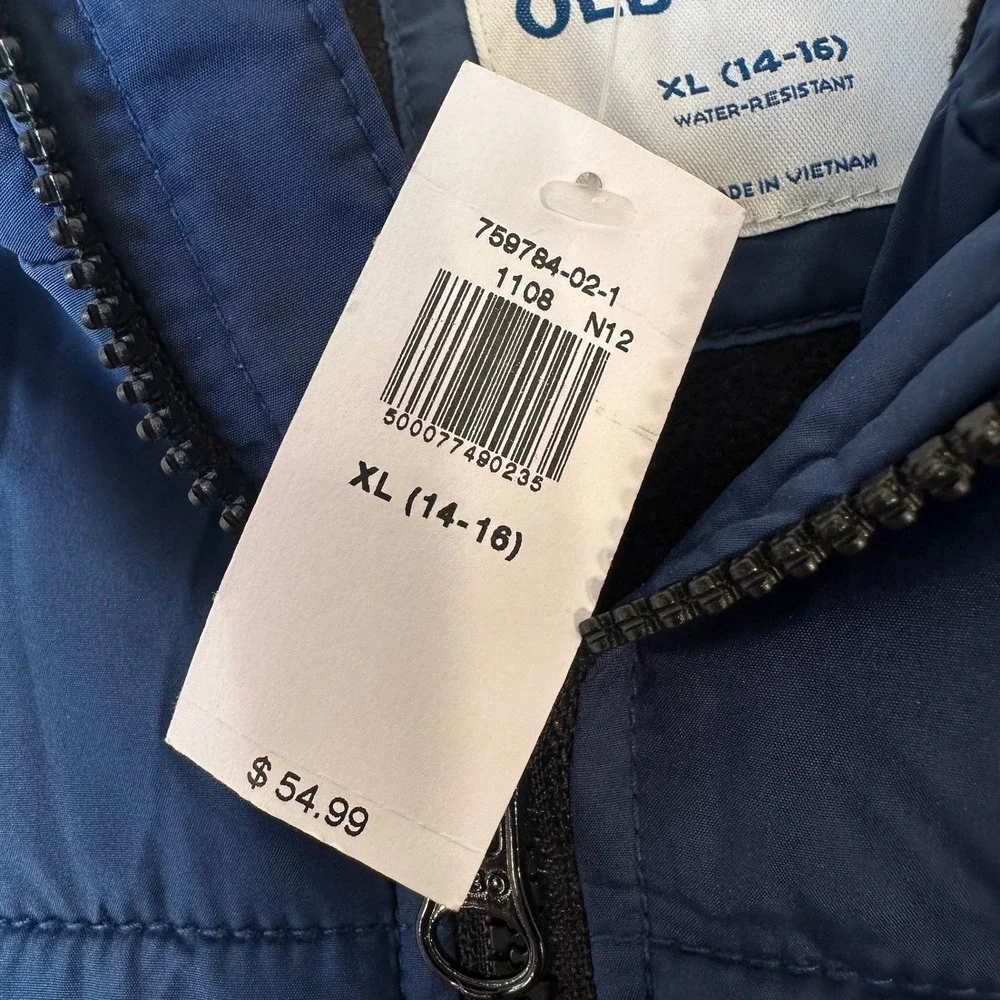 Old Navy Boys XL 14-16 Navy Blue Water-Resistant Hooded Puffer‎ Jacket NWT